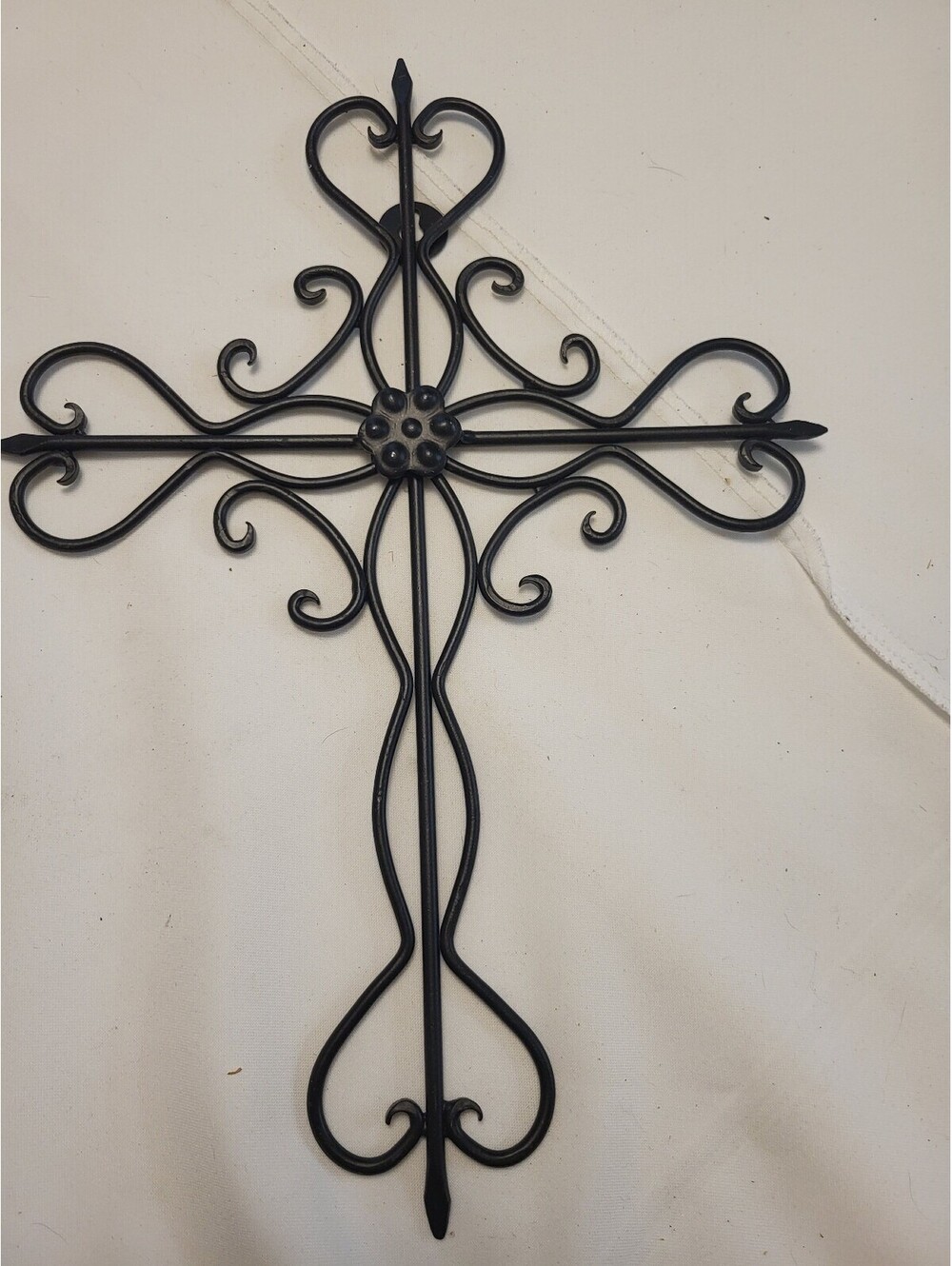 Decorative Black Metal 15x10" Cross with Heart and Scroll Design